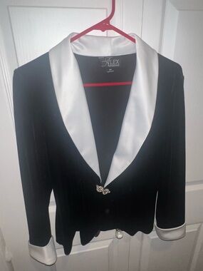Alex Evenings Black Velvet Jacket with White Satin Shawl Collar